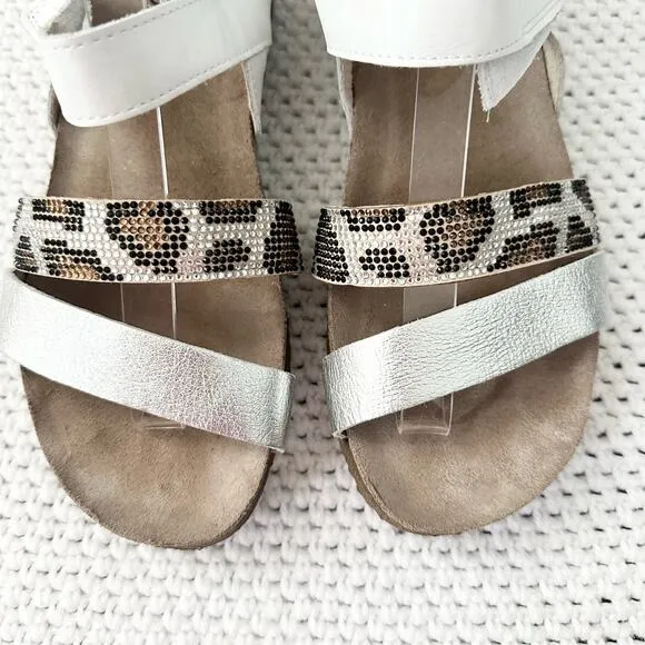 Naot Krista White Pearl Silver Cheetah Animal Embellished Low Wedge Sandals 39 8