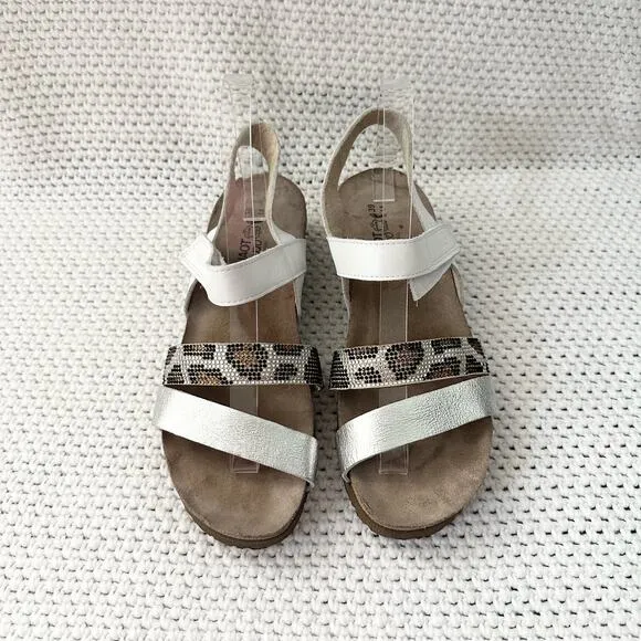Naot Krista White Pearl Silver Cheetah Animal Embellished Low Wedge Sandals 39 8