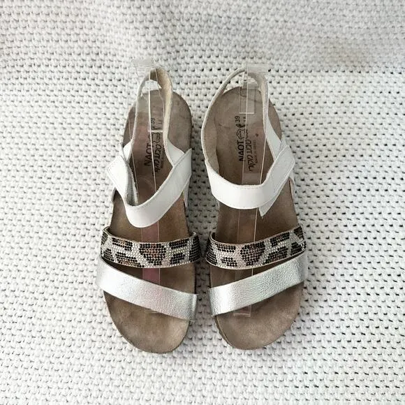Naot Krista White Pearl Silver Cheetah Animal Embellished Low Wedge Sandals 39 8