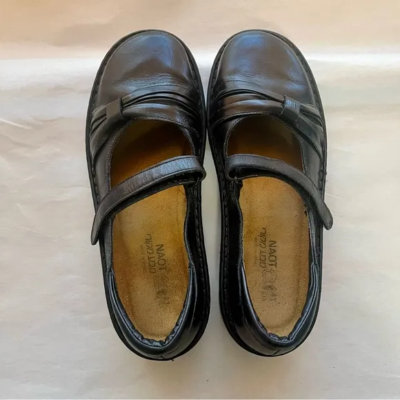 Naot Tone Black Leather Mary Jane Flats with Comfort Features
