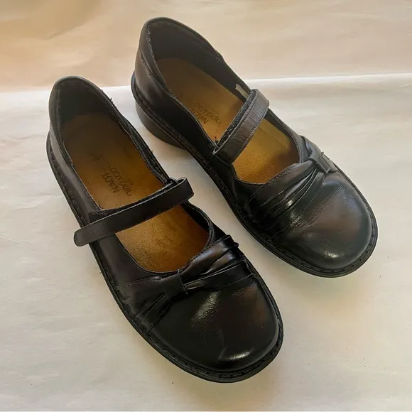 Naot Tone Black Leather Mary Jane Flats with Comfort Features