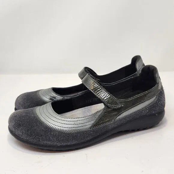 Naot Women Kirei Gray Metallic Leather Mary Jane Flats Size 40 US 9 Comfort Shoe