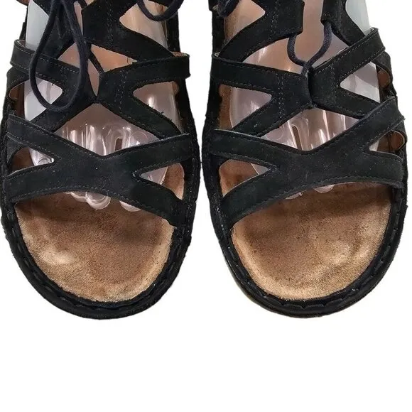 Naot Womens 42 Yarrow Black Leather Lace-up Wedge Sandals