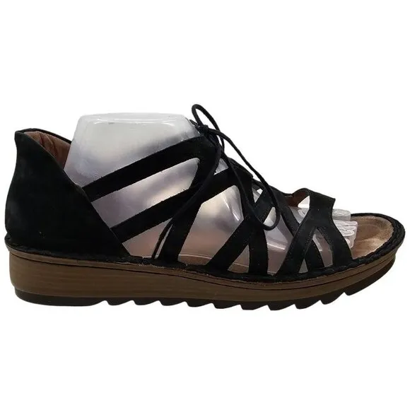 Naot Womens 42 Yarrow Black Leather Lace-up Wedge Sandals