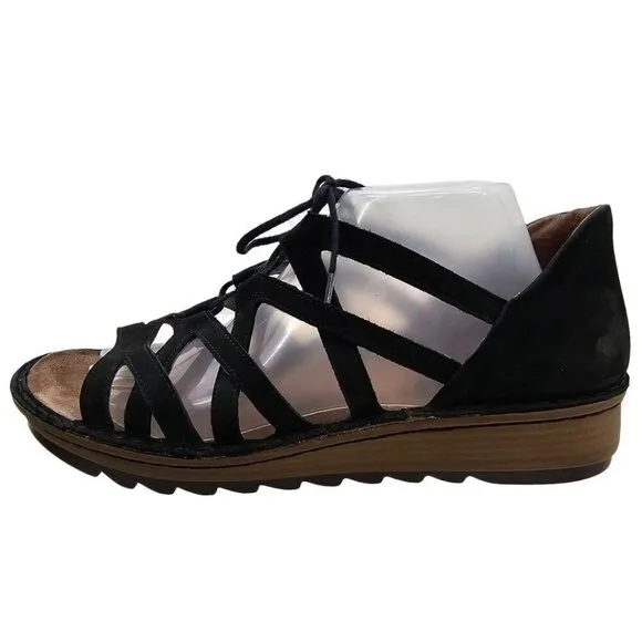 Naot Womens 42 Yarrow Black Leather Lace-up Wedge Sandals