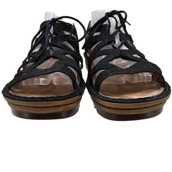 Naot Womens 42 Yarrow Black Leather Lace-up Wedge Sandals