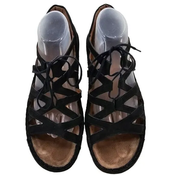 Naot Womens 42 Yarrow Black Leather Lace-up Wedge Sandals