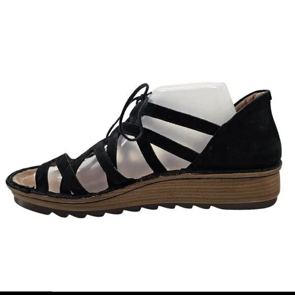 Naot Womens 42 Yarrow Black Leather Lace-up Wedge Sandals