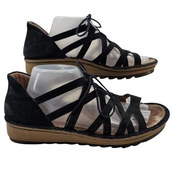 Naot Womens 42 Yarrow Black Leather Lace-up Wedge Sandals