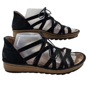 Naot Womens 42 Yarrow Black Leather Lace-up Wedge Sandals