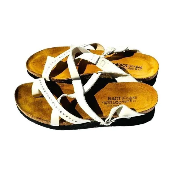 Naot Womens Sandals Cork Footbed Criss Cross Strap Buckle White Size 40