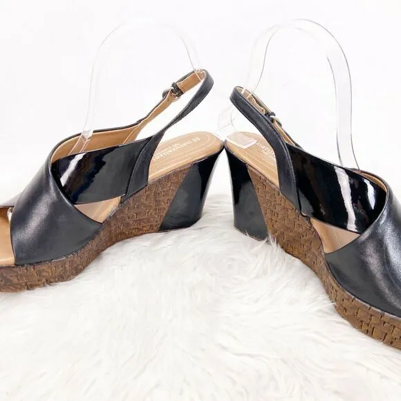 Naturalizer 8.5 M Womens Black Leather Cross Strap Payton Wedged Sandals