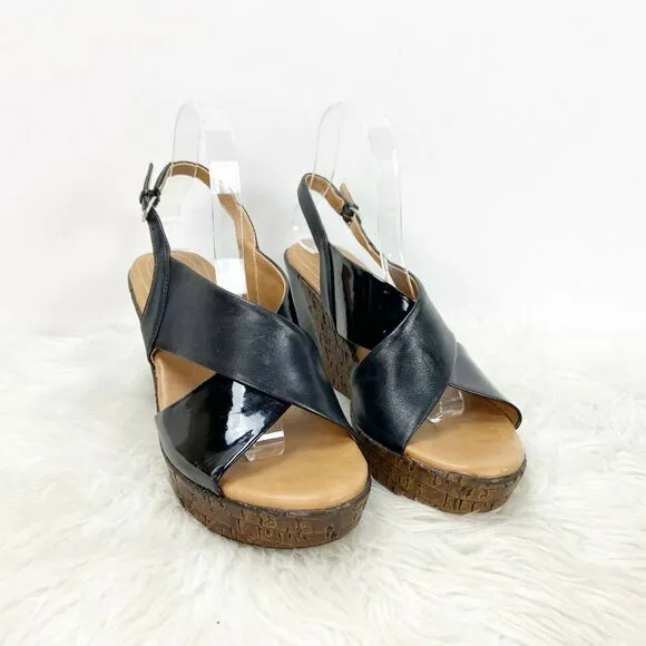 Naturalizer 8.5 M Womens Black Leather Cross Strap Payton Wedged Sandals