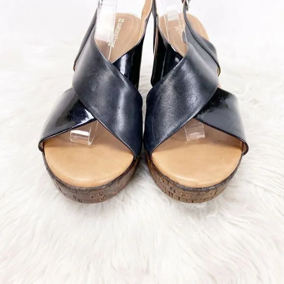 Naturalizer 8.5 M Womens Black Leather Cross Strap Payton Wedged Sandals