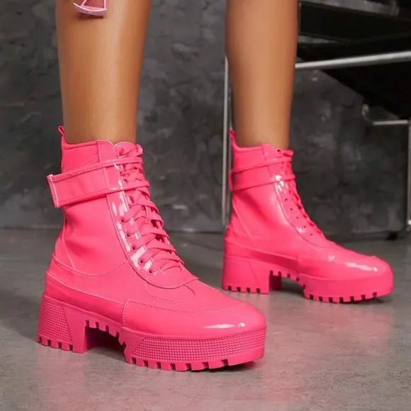 Neon Pink Patent Combat Boots