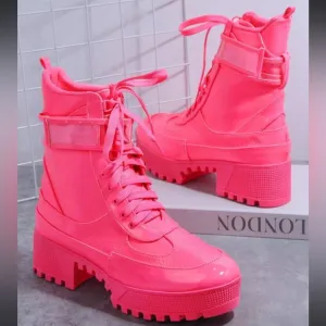 Neon Pink Patent Combat Boots