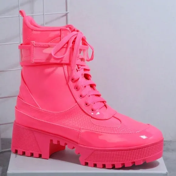 Neon Pink Patent Combat Boots