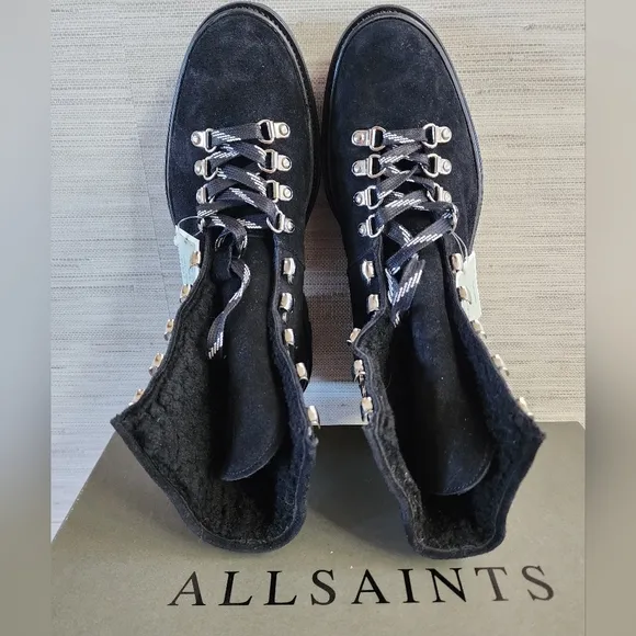 NEW ALLSAINTS Wanda Sherling lug sole lace up leather combat boots sz 40, 10