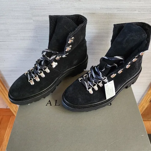 NEW ALLSAINTS Wanda Sherling lug sole lace up leather combat boots sz 40, 10