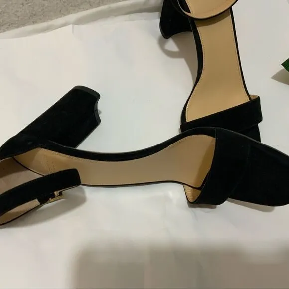 New Ann Mashburn black suede ankle Strap sandals size 38.5 heels 3”