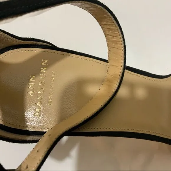 New Ann Mashburn black suede ankle Strap sandals size 38.5 heels 3”