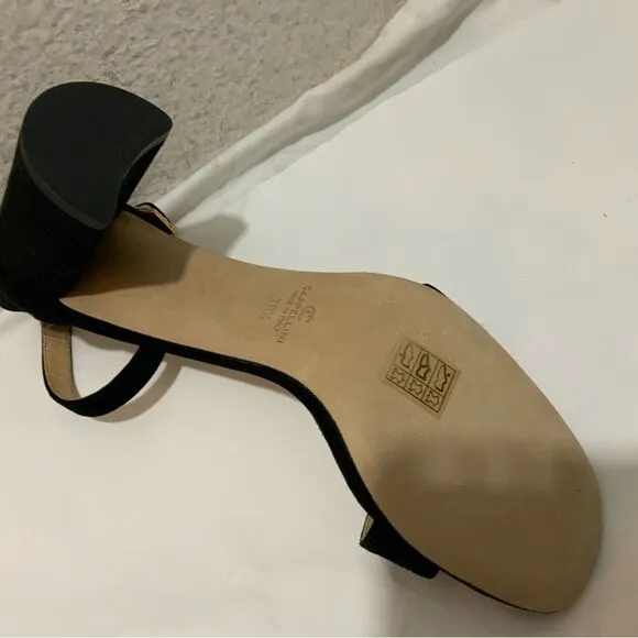 New Ann Mashburn black suede ankle Strap sandals size 38.5 heels 3”