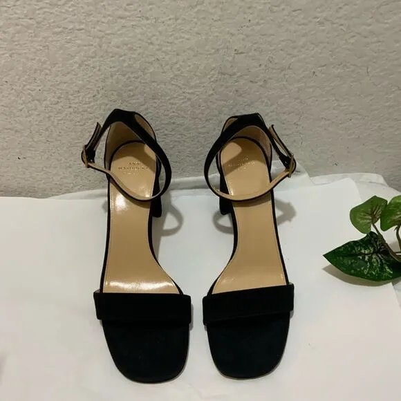 New Ann Mashburn black suede ankle Strap sandals size 38.5 heels 3”