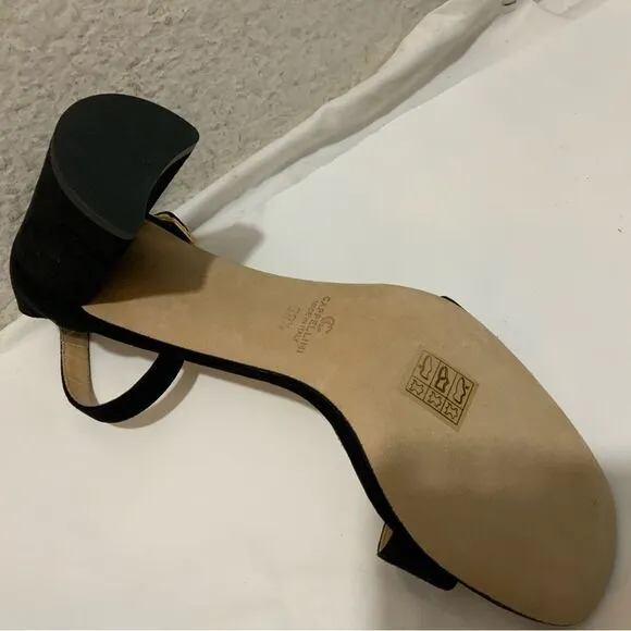 New Ann Mashburn black suede ankle Strap sandals size 38.5 heels 3”