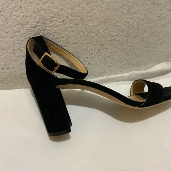 New Ann Mashburn black suede ankle Strap sandals size 38.5 heels 3”