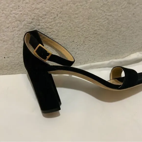 New Ann Mashburn black suede ankle Strap sandals size 38.5 heels 3”