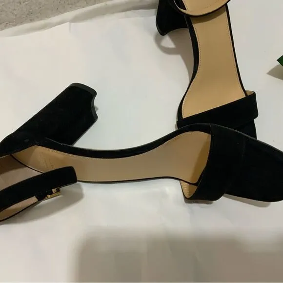 New Ann Mashburn black suede ankle Strap sandals size 38.5 heels 3”