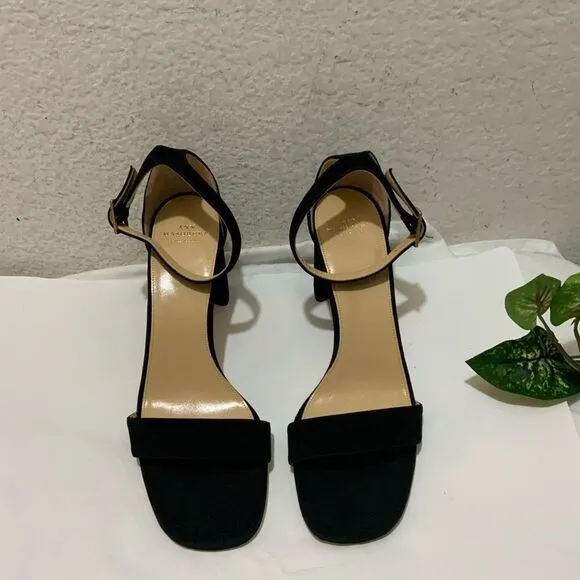 New Ann Mashburn black suede ankle Strap sandals size 38.5 heels 3”