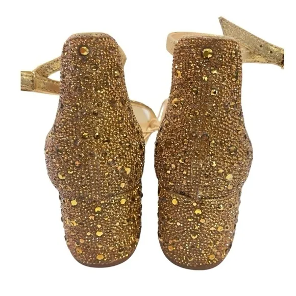 New Betsey Johnson Marni Gold Rhinestone Ankle Strap Sandals 6.5