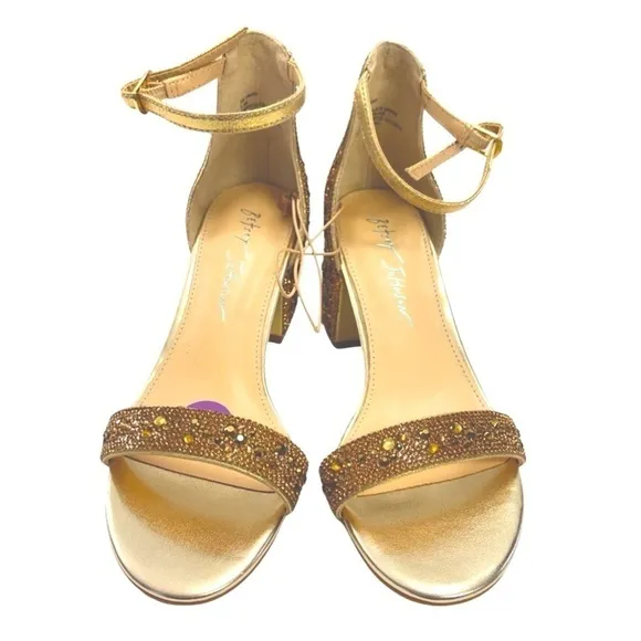 New Betsey Johnson Marni Gold Rhinestone Ankle Strap Sandals 6.5