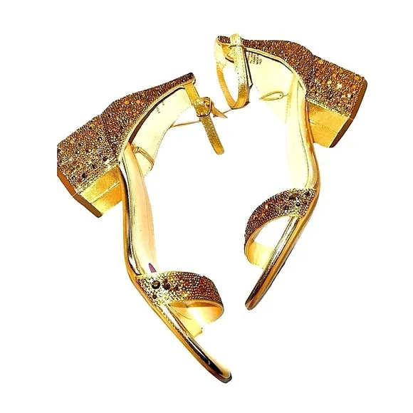 New Betsey Johnson Marni Gold Rhinestone Ankle Strap Sandals 6.5