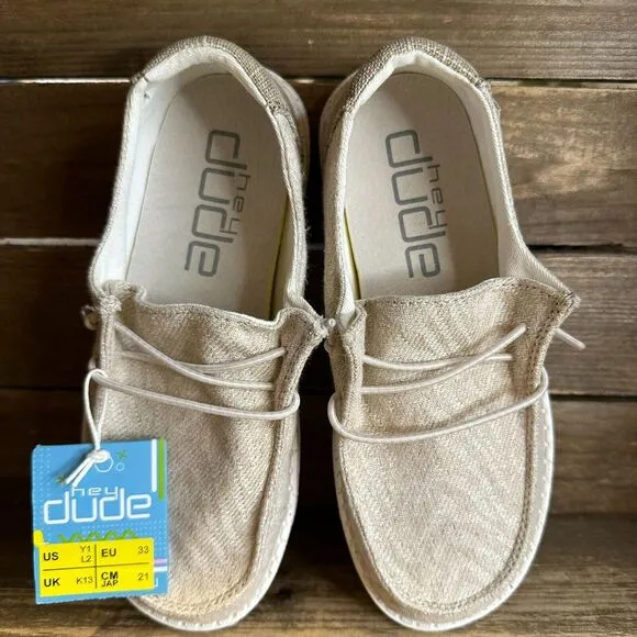 New Big Kids Hey Dude Wendy Woven Zebra Neutral Comfort Shoes‎ Loafers Size 1 Y