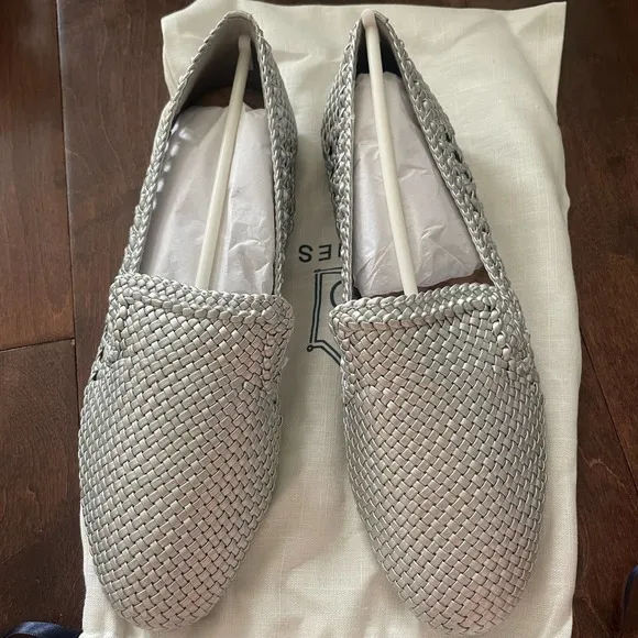 NEW Birdies The Starling Metallic Silver Woven Slip On Vegan Leather Loafers 9.5