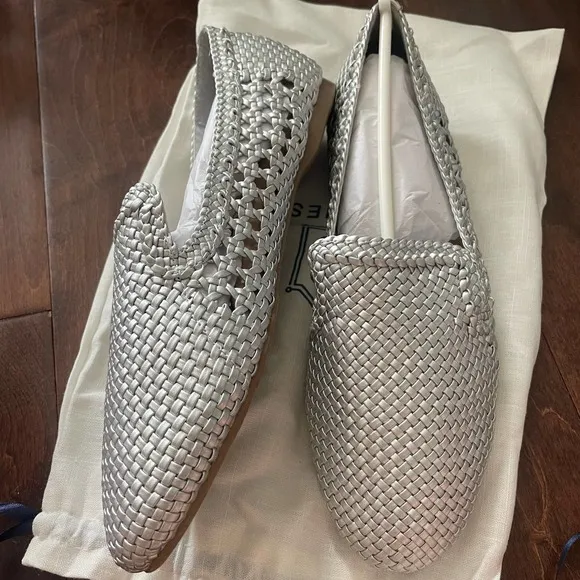 NEW Birdies The Starling Metallic Silver Woven Slip On Vegan Leather Loafers 9.5