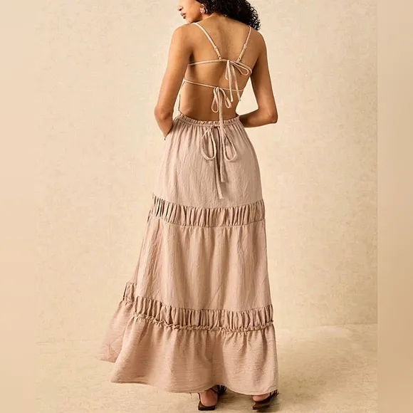 New Boho Ruched Tie Backless Maxi Dress Beige Tan Khaki