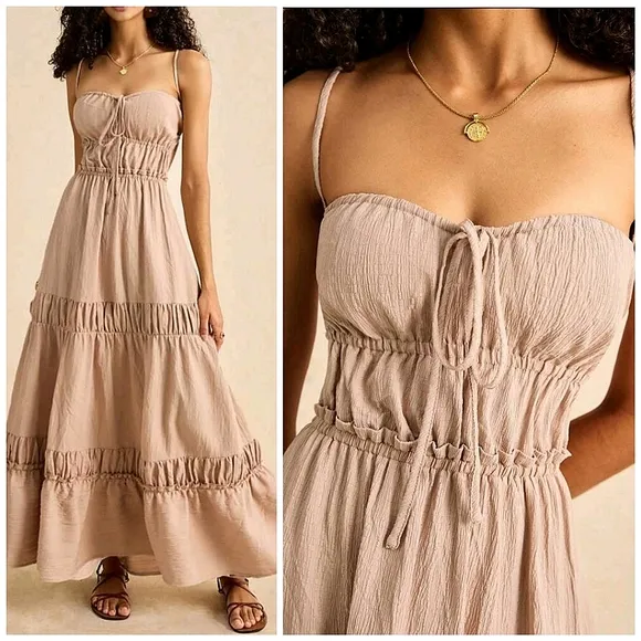 New Boho Ruched Tie Backless Maxi Dress Beige Tan Khaki