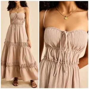 New Boho Ruched Tie Backless Maxi Dress Beige Tan Khaki