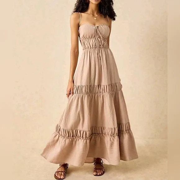 New Boho Ruched Tie Backless Maxi Dress Beige Tan Khaki