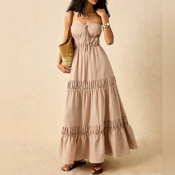 New Boho Ruched Tie Backless Maxi Dress Beige Tan Khaki