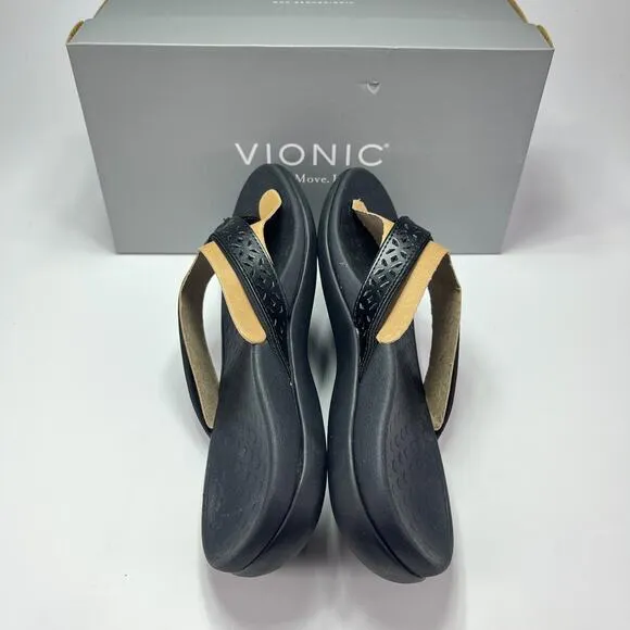 New Box Vionic Tide II Black Toe Post Flip Flop Slip On Sandals Women's Size 9