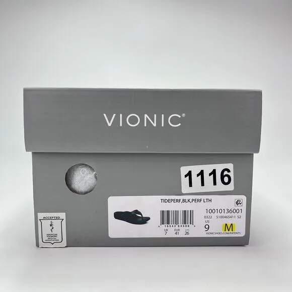 New Box Vionic Tide II Black Toe Post Flip Flop Slip On Sandals Women's Size 9