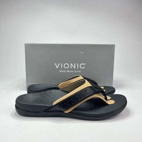 New Box Vionic Tide II Black Toe Post Flip Flop Slip On Sandals Women's Size 9