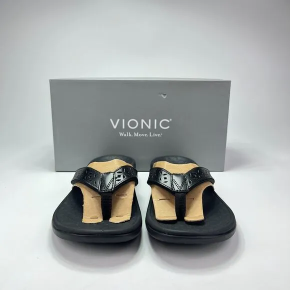 New Box Vionic Tide II Black Toe Post Flip Flop Slip On Sandals Women's Size 9