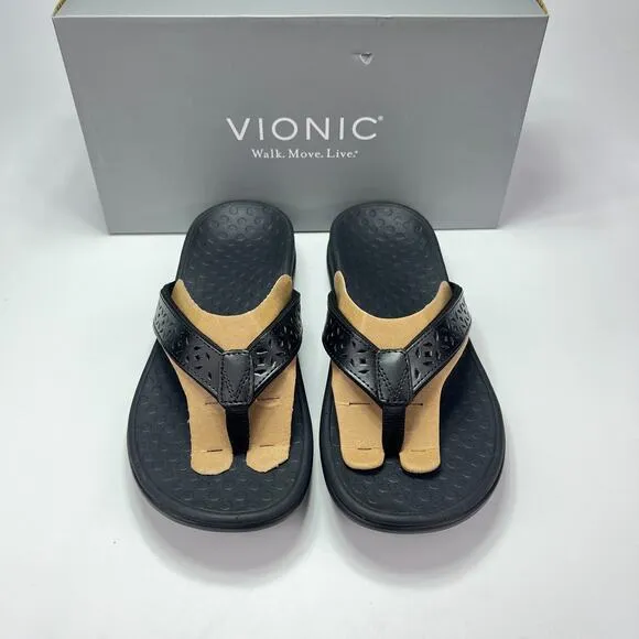 New Box Vionic Tide II Black Toe Post Flip Flop Slip On Sandals Women's Size 9