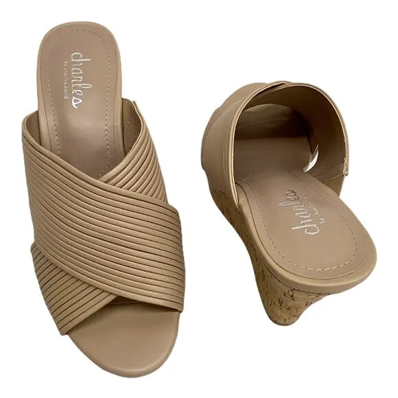 New Charles David Tan Linger Cork Wedge Heeled Sandals 7.5