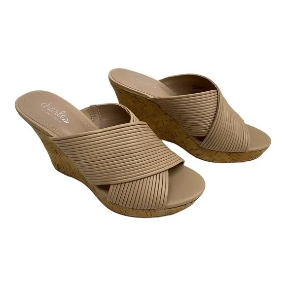 New Charles David Tan Linger Cork Wedge Heeled Sandals 7.5